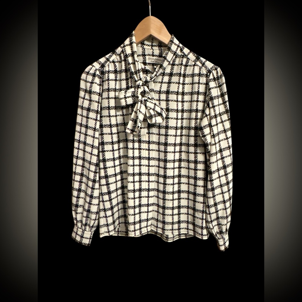 Adolph Schuman for lilli Ann Blouse Vintage L/S Black Cream Check Union Made F/S